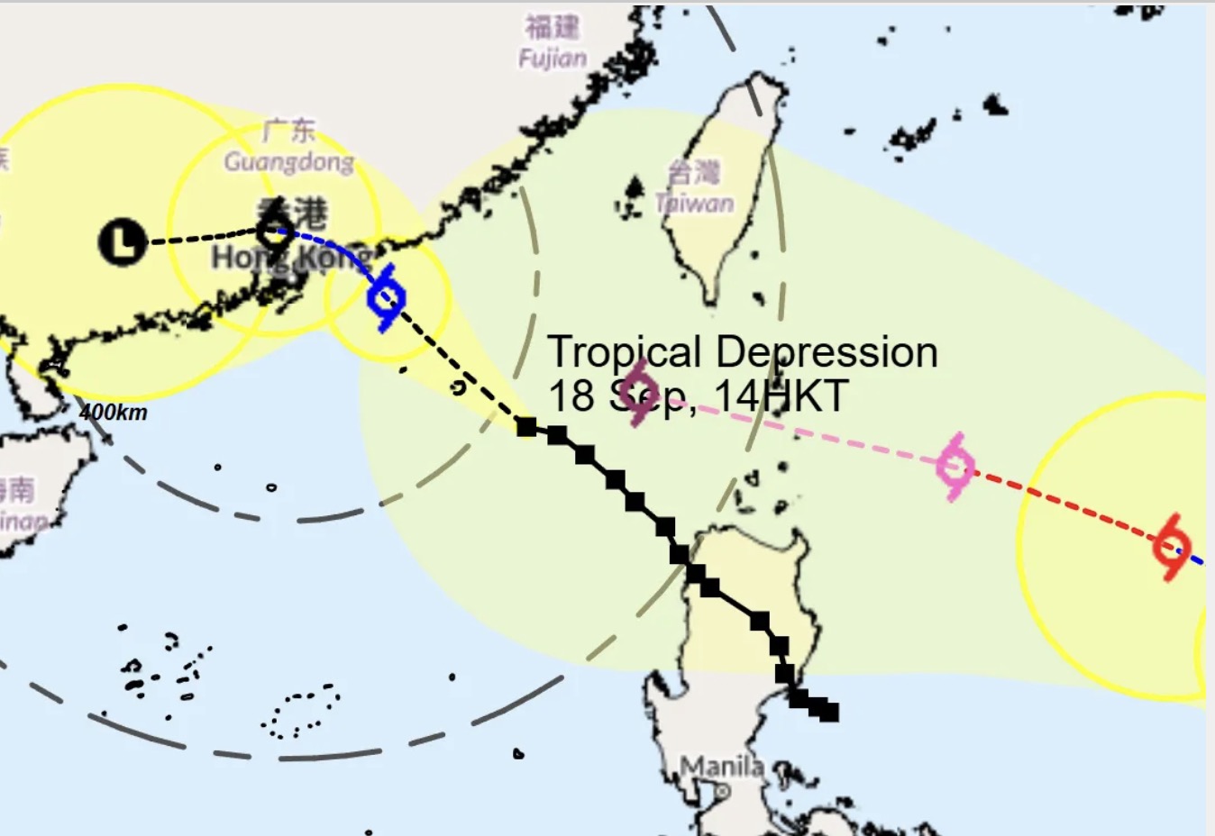 Previsions de la trajectoire des tempetes n° 8 et n° 9 en mer de Chine meridionale dont la tempete n° 9 qui pourrait devenir une super-tempete. Photo : Station meteorologique de Hong Kong (Chine)