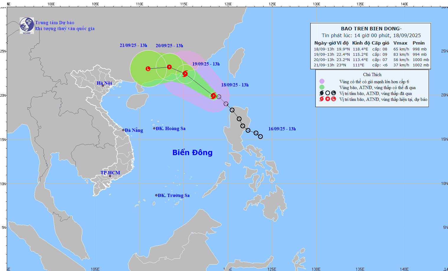 Cap nhat hoi 14 gio ngay 18.9 ve vi tri va duong di cua bao so 8. Nguon: Trung tam Du bao Khi tuong Thuy van Quoc gia