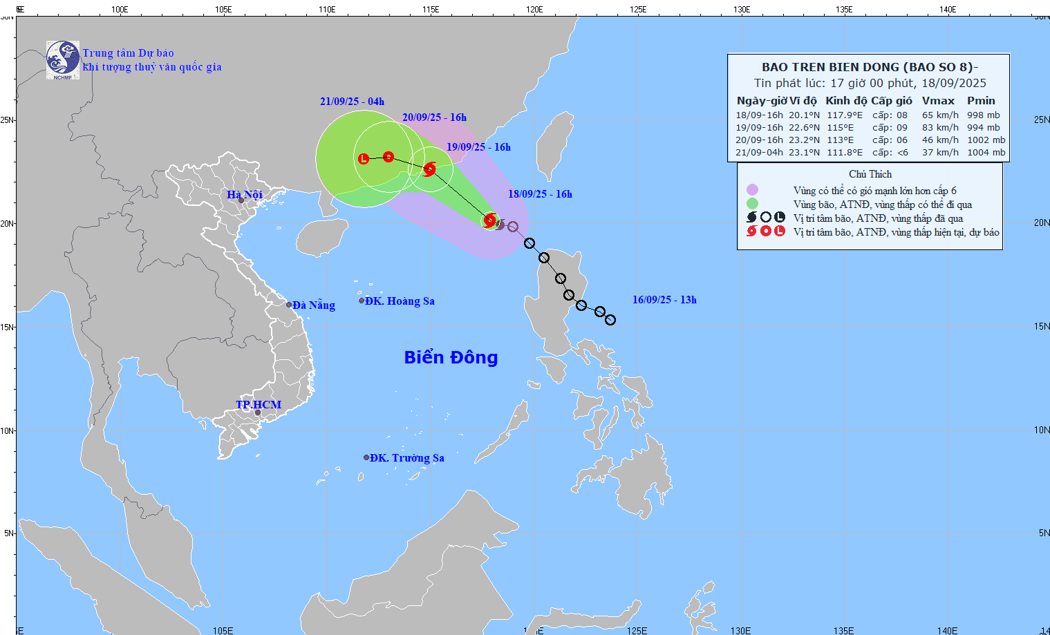 Cap nhat hoi 16 gio ngay 18.9 ve vi tri va duong di cua bao so 8. Nguon: Trung tam Du bao Khi tuong Thuy van Quoc gia