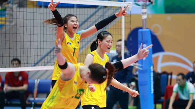 Binh Dien Long, une equipe VTV, est l'actuel champion national du volleyball feminin au Vietnam. Photo: VFV