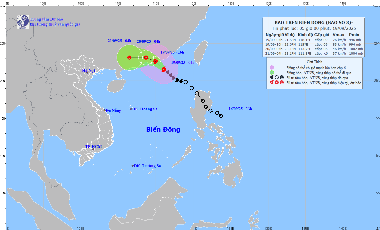 Cap nhat hoi 5 gio ngay 19.9 ve vi tri va duong di cua bao so 8. Nguon: Trung tam Du bao Khi tuong Thuy van Quoc gia