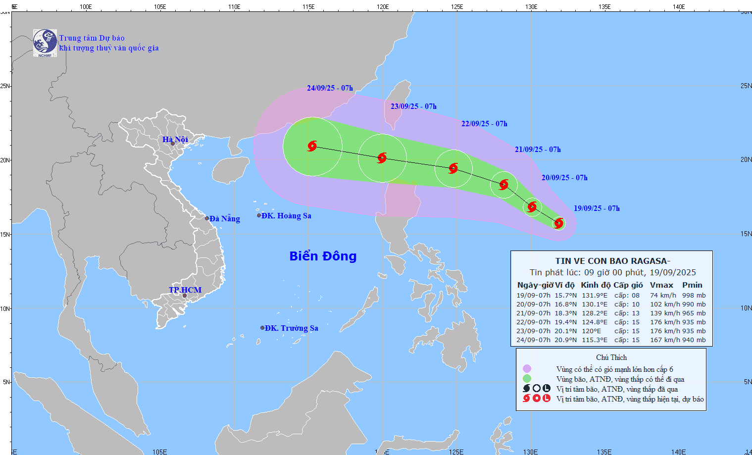 Updated location and path of storm Ragasa at 9:00 a.m. on September 19. Photo: National Center for Hydro-Meteorological Forecasting