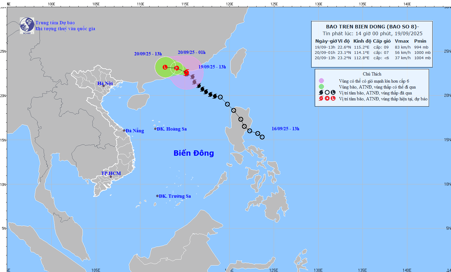 Updated at 2:00 p.m. on September 19 about the location and path of storm No. 8. Source: National Center for Hydro-Meteorological Forecasting