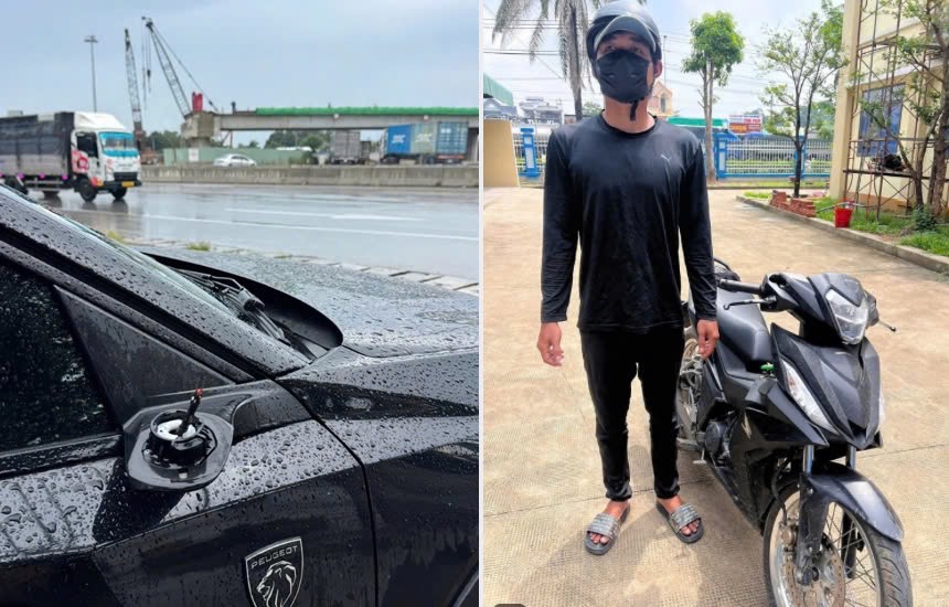 Hoang and the car had their rearview mirrors stolen. Photo: Dong Nai Provincial Police