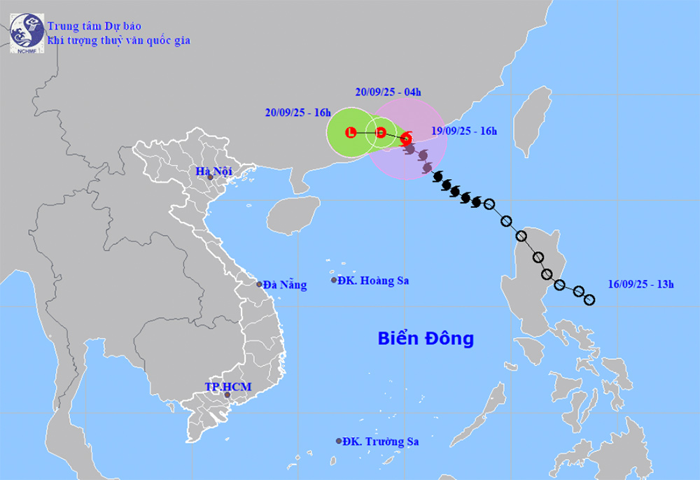 Du bao duong di va vung anh huong cua bao so 8 sau khi do bo dat lien Trung Quoc, suy yeu thanh ap thap nhiet doi. Anh: NCHMF