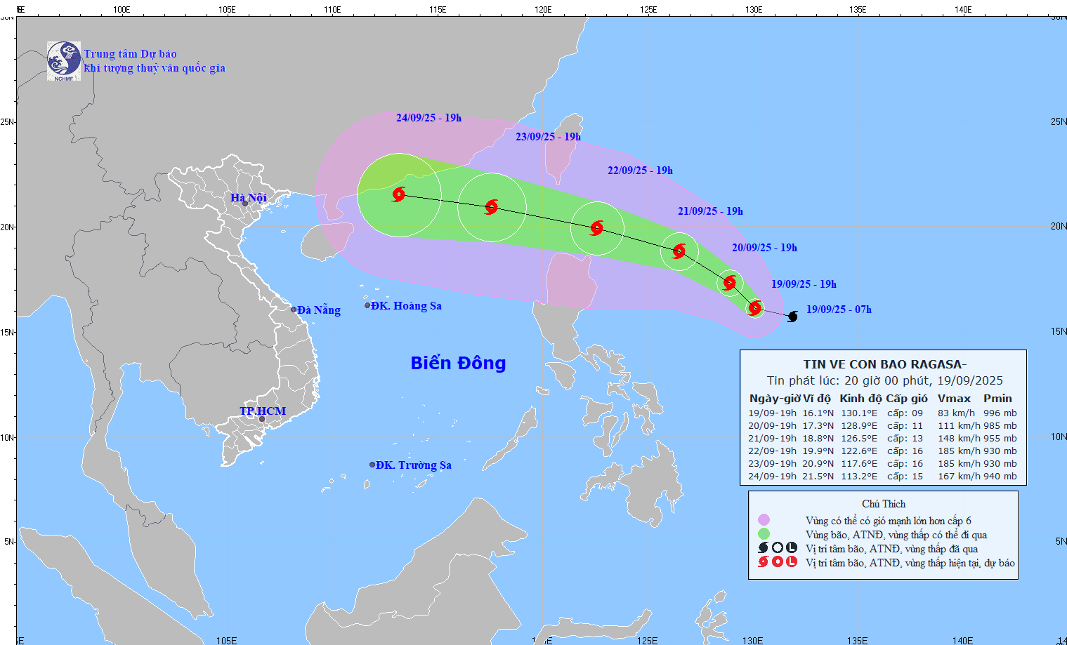 Updated at 8:00 p.m. on September 19 on the location and path of storm Ragasa. Source: National Center for Hydro-Meteorological Forecasting