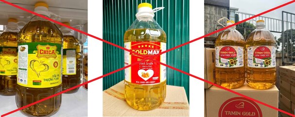 Dầu ăn giả, kém chất lượng nhãn hiệu “Gold Max”, “Tamin Gold”, “ChiCa”. Ảnh: Công an tỉnh Hưng Yên