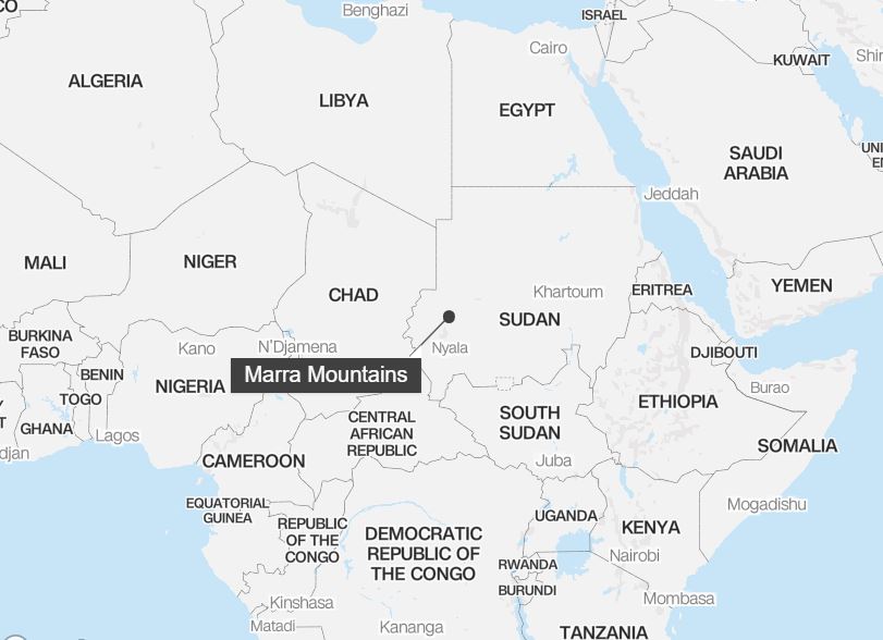 The landslide occurred in the Marra mountain area, west of Sudan. Photo: Mapbox/ OpenStreet Map Map