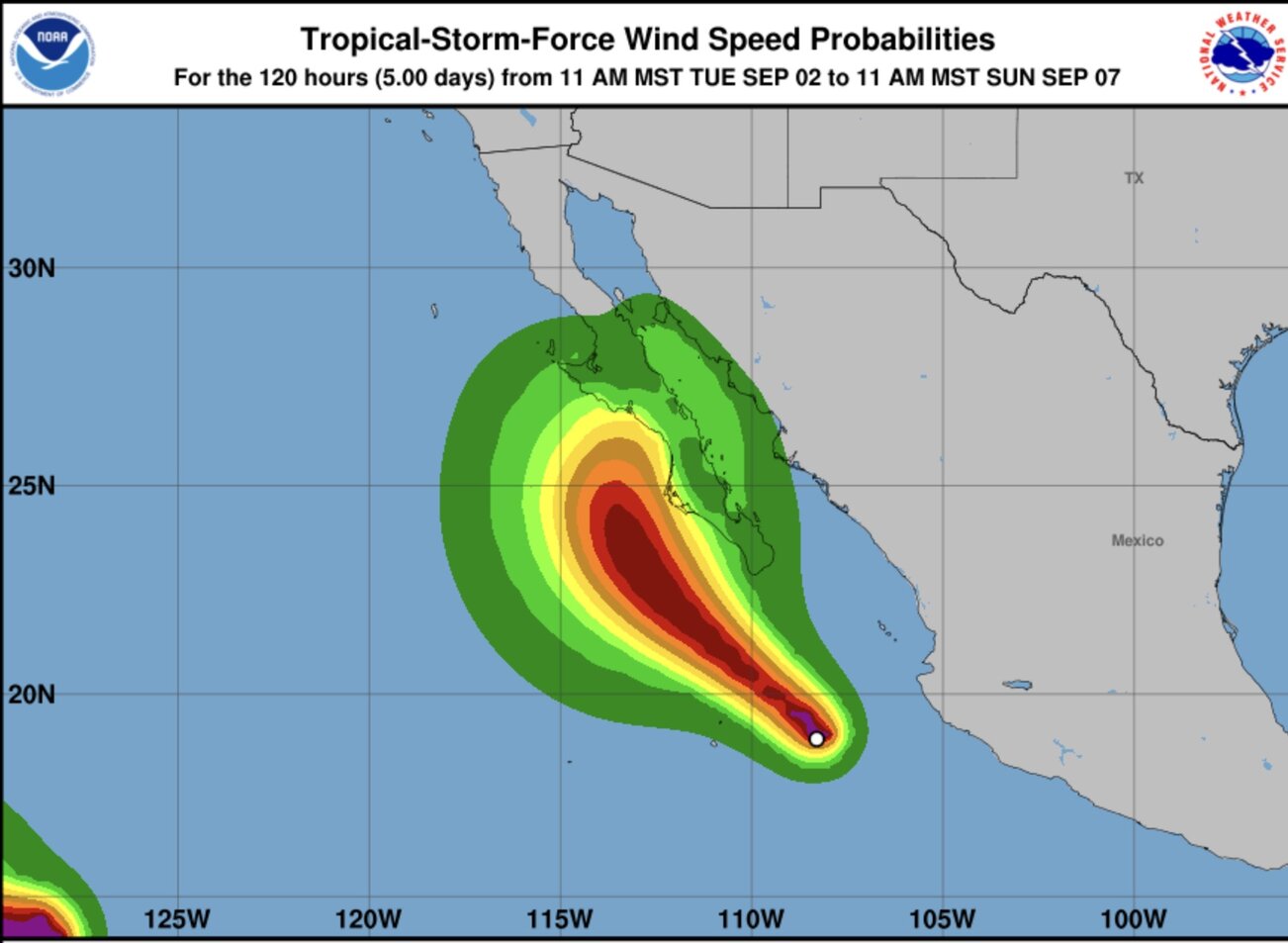 예보에 따르면 허리케인 로레나는 오늘 (9월 3일) 강풍으로 강화되어 육지 날씨에 영향을 미칠 것입니다. 사진: NOAA