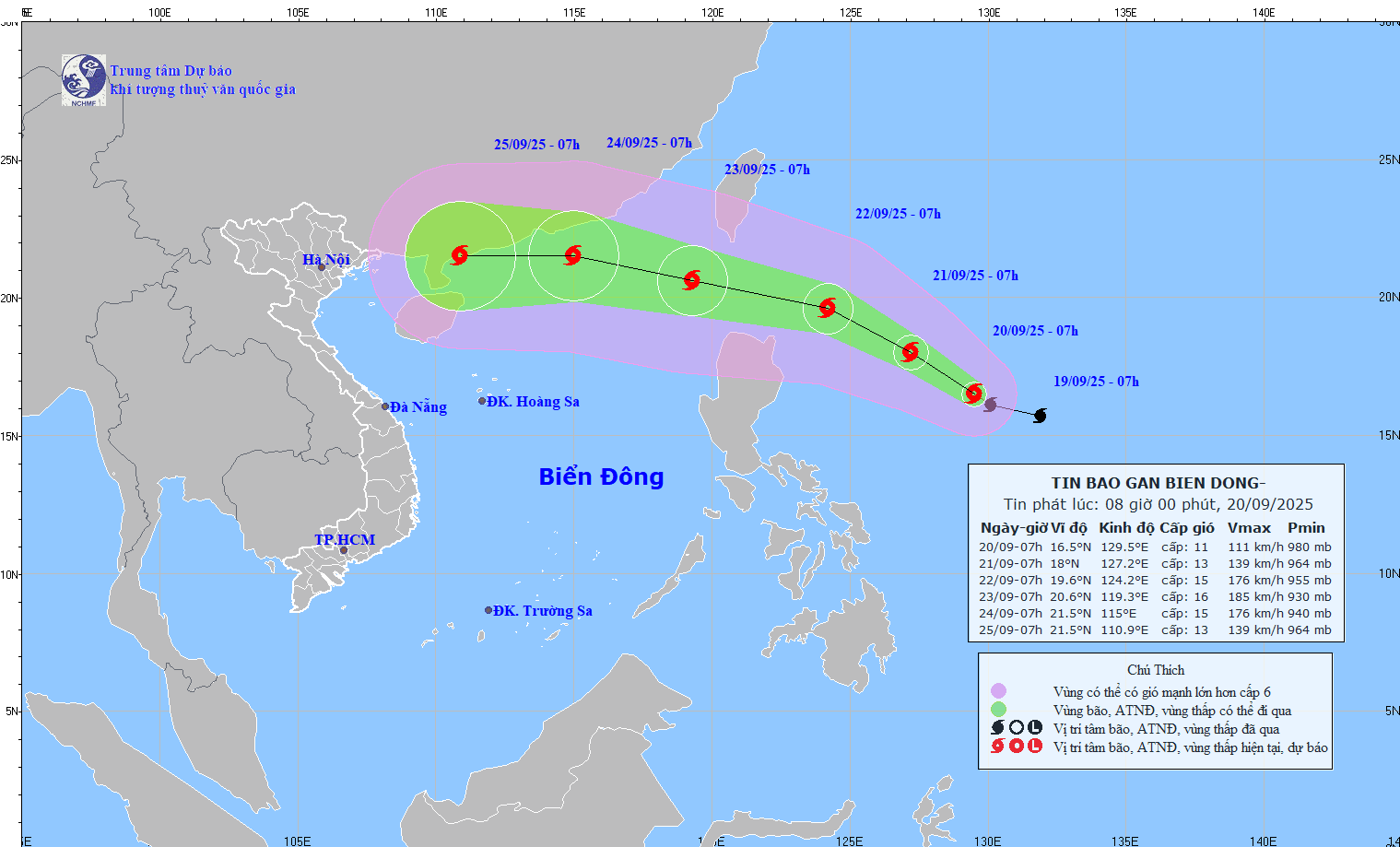 Updated location and path of storm Ragasa at 8:00 a.m. on September 20. Source: National Center for Hydro-Meteorological Forecasting