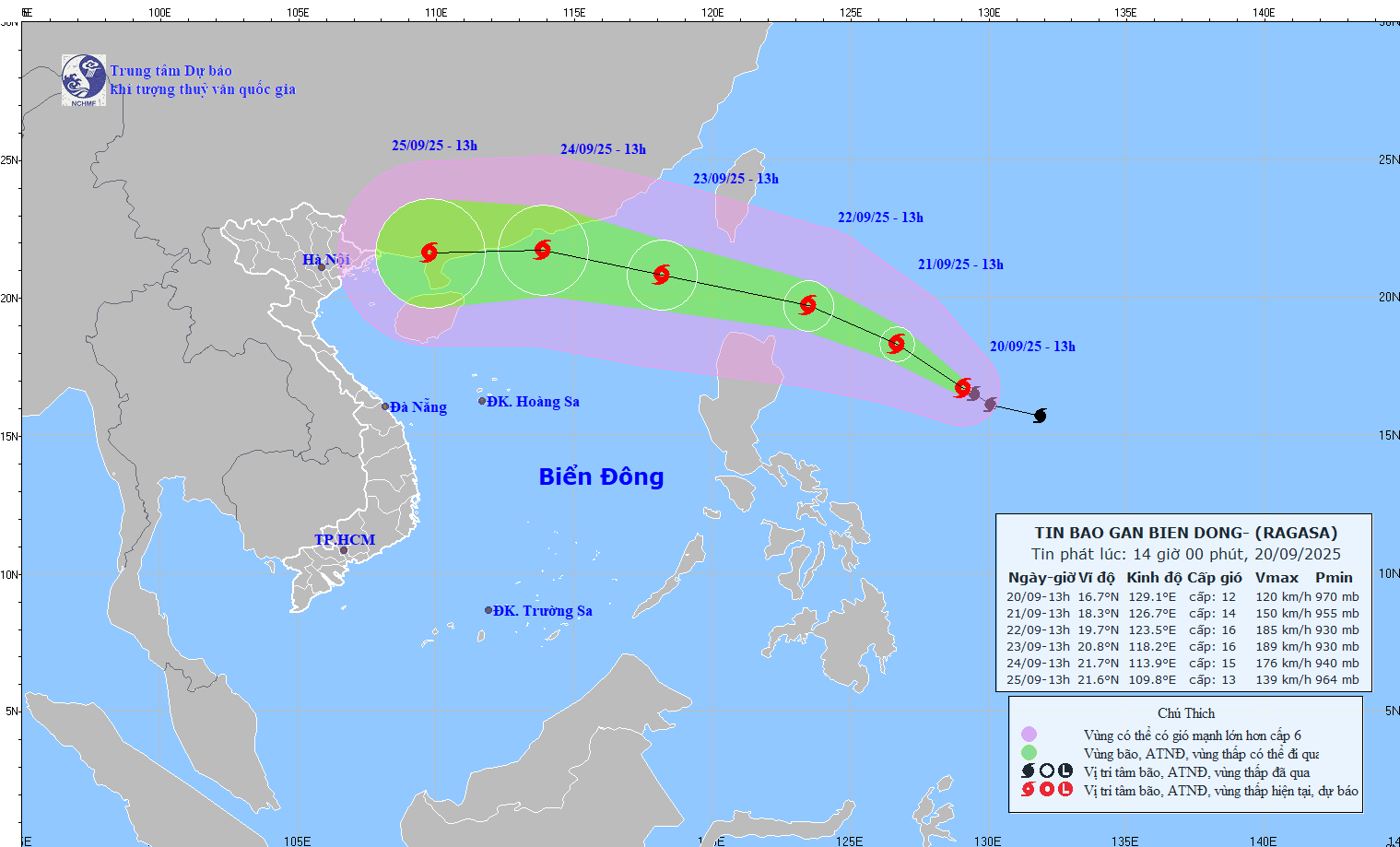 Cap nhat vi tri va duong di cua bao Ragasa vao 14 gio ngay 20.9. Nguon: Trung tam Du bao Khi tuong Thuy van Quoc gia