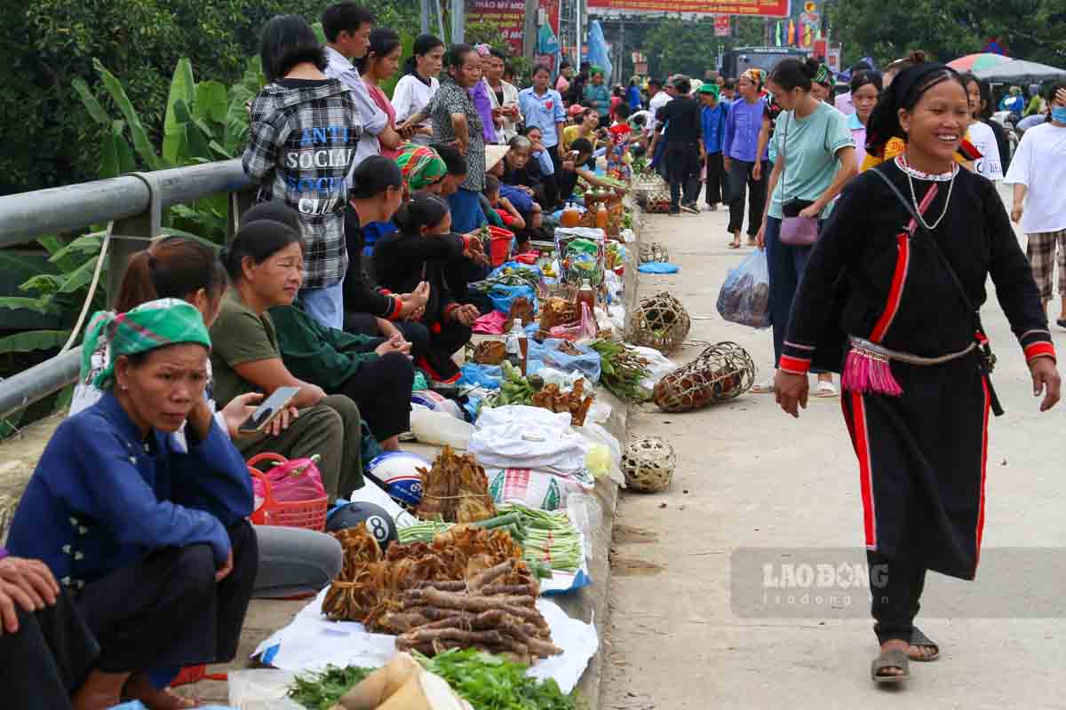 Ba con dan toc Tay, Nung, Dao, Mong… trong nhung bo trang phuc truyen thong day mau sac, gui ganh san vat xuong cho.