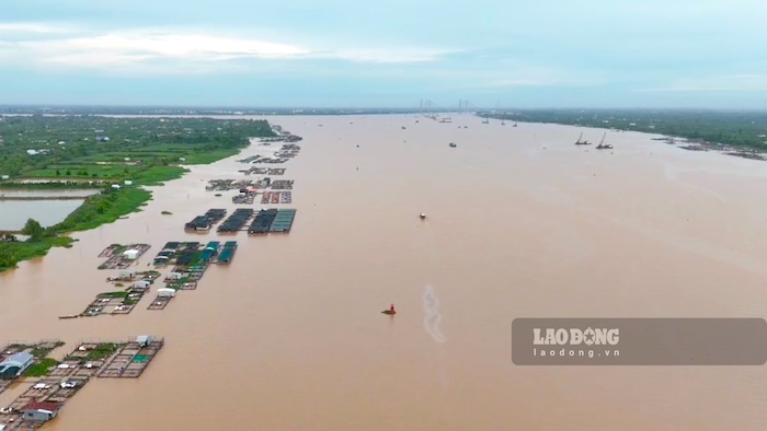 Nan khai thac cat trai phep o Vinh Long la mot trong nhung nguyen nhan gay sat lo bo song, truc tiep anh huong sinh ke cua nguoi dan dia phuong. Hinh anh song Tien nhin tu tren cao. Anh: Nhom PV.