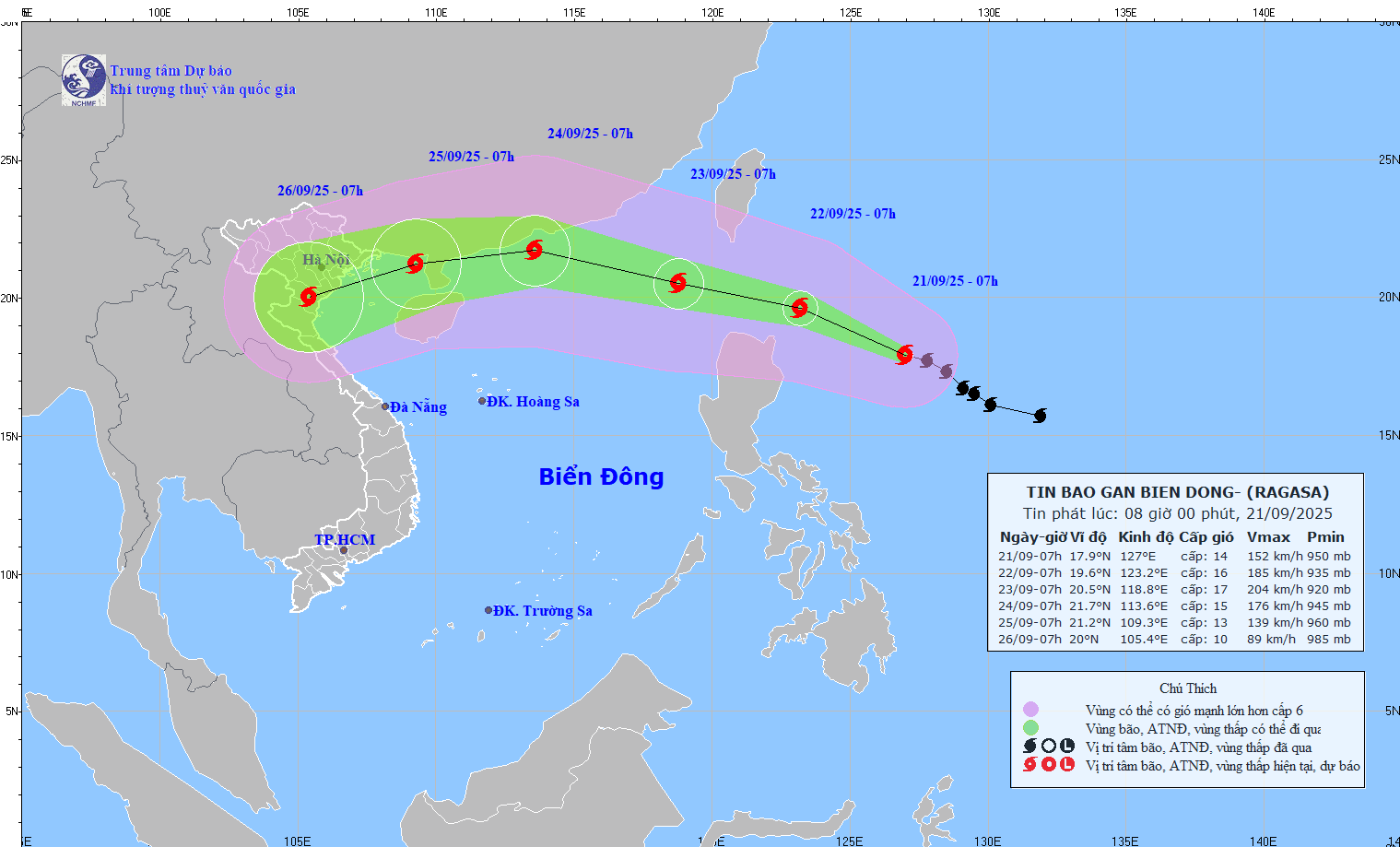 Updated location and path of storm Ragasa at 8:00 a.m. on September 21. Source: National Center for Hydro-Meteorological Forecasting
