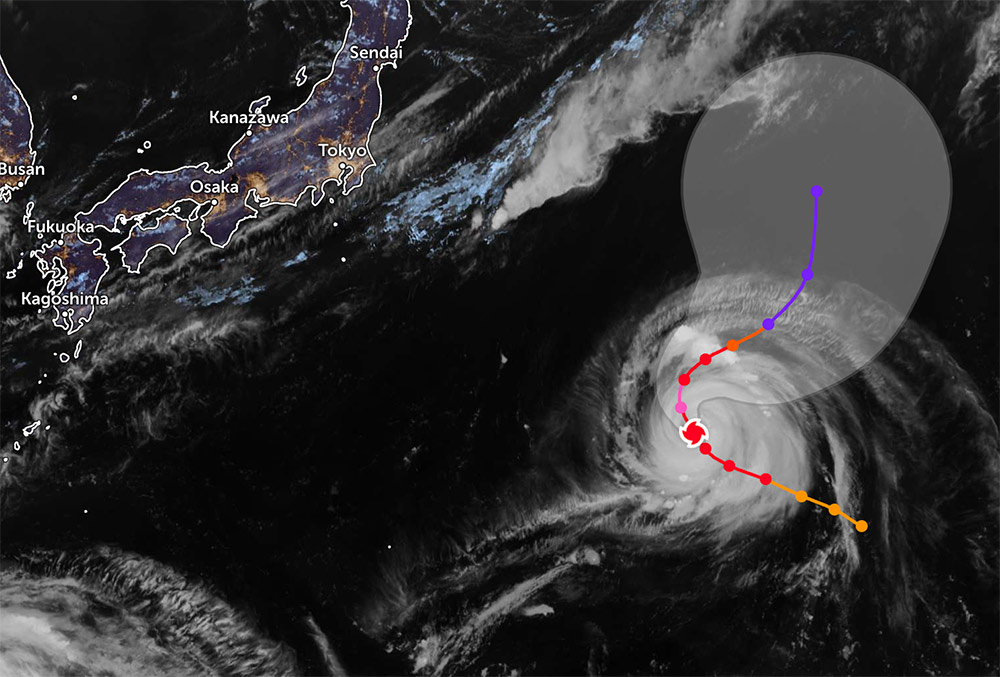 Duong di cua sieu bao Neoguri con kho du doan chinh xac, du vay con bao nay se it tac dong den dat lien Nhat Ban. Anh:JMA