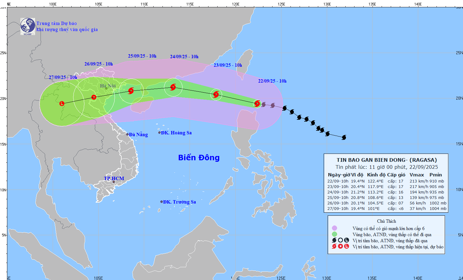 Updated location and path of storm Ragasa at 11:00 on September 22. Source: National Center for Hydro-Meteorological Forecasting