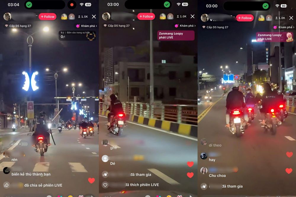 Cac tai khoan tiktok livestream cac thanh nien tu tap, chay xe toc do cao, cam theo hung khi tai duong 2.9 rang sang 22.9 nhan duoc hang tram den hang nghin luot xem. Anh: Tran Thi