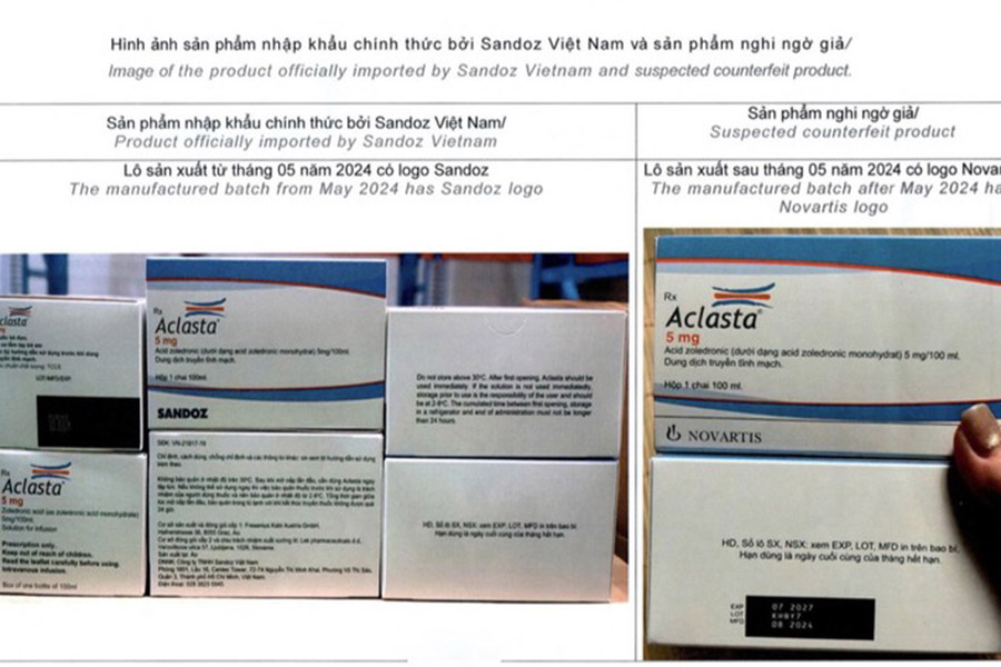 Images des produits importes officiels et des produits soupçonnes de contrefaçon. Photo : Service de la sante de Hanoï