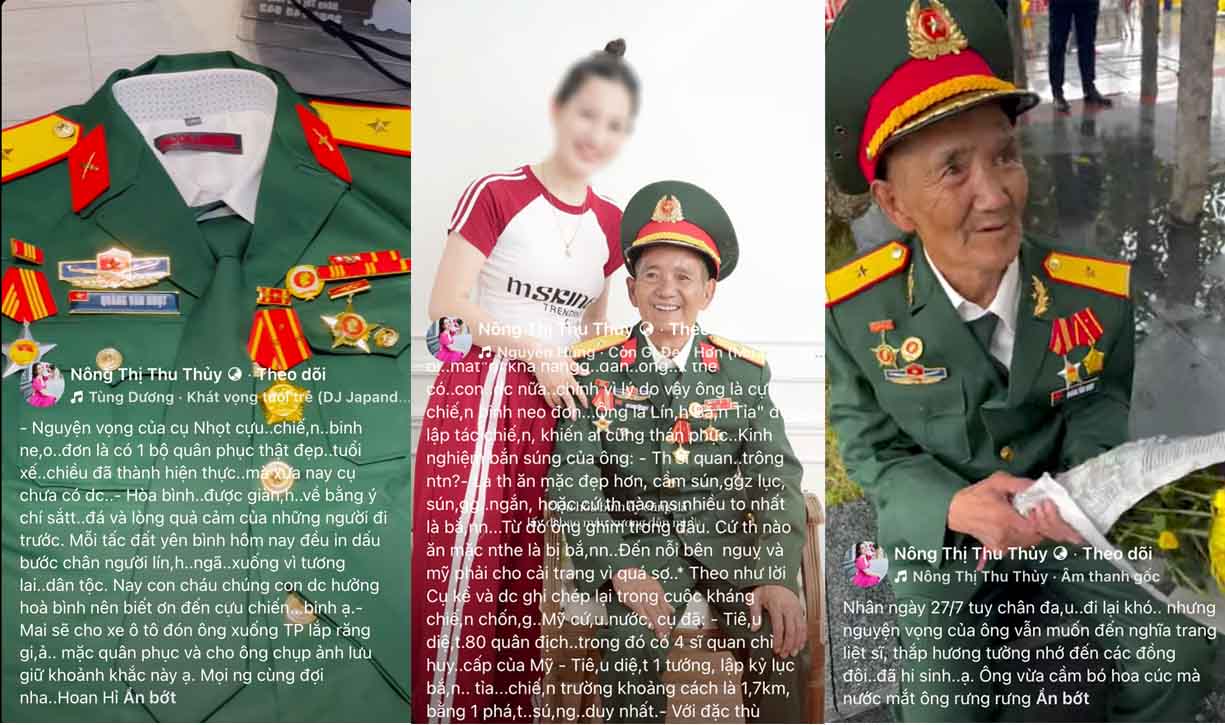  Đối tượng N.T.T.T liên tục đăng tải bài viết, video về ông Quàng Văn Nhọt (SN 1943) trên mạng xã hội với các thông tin sai sự thật. Ảnh: Chụp từ Facebook nhân vật.