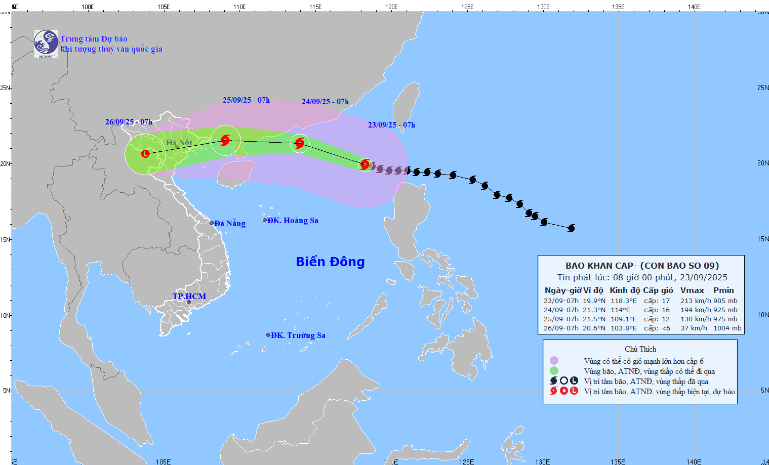 Updated location and path of super typhoon No. 9 Ragasa at 8:00 a.m. on September 23. Source: National Center for Hydro-Meteorological Forecasting