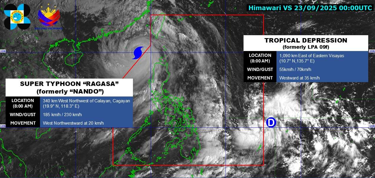 Cap nhat vi tri cua ap thap nhiet doi gan Bien Dong va sieu bao Ragasa. Anh: PAGASA