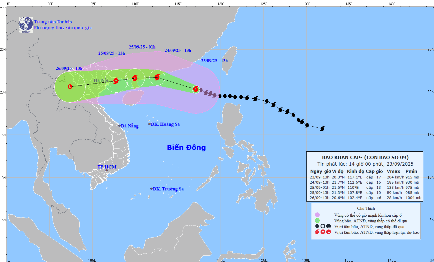 Updated location and path of super typhoon No. 9 Ragasa at 2:00 p.m. on September 23. Source: National Center for Hydro-Meteorological Forecasting