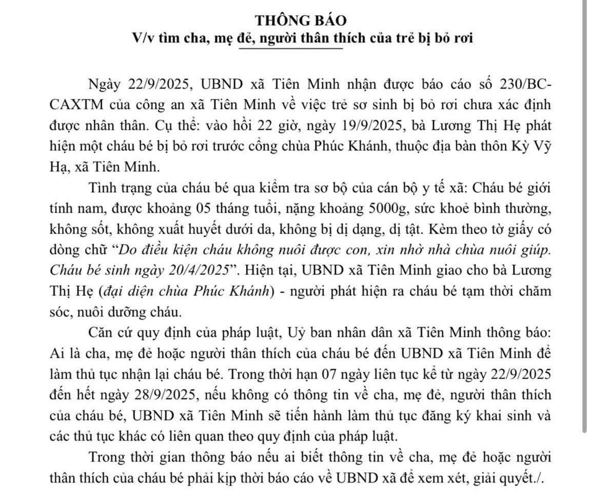 Notice of Tien Minh Commune People's Committee to find children to support abandoned children. Photo: Tien Minh Commune Information Center - Hai Phong
