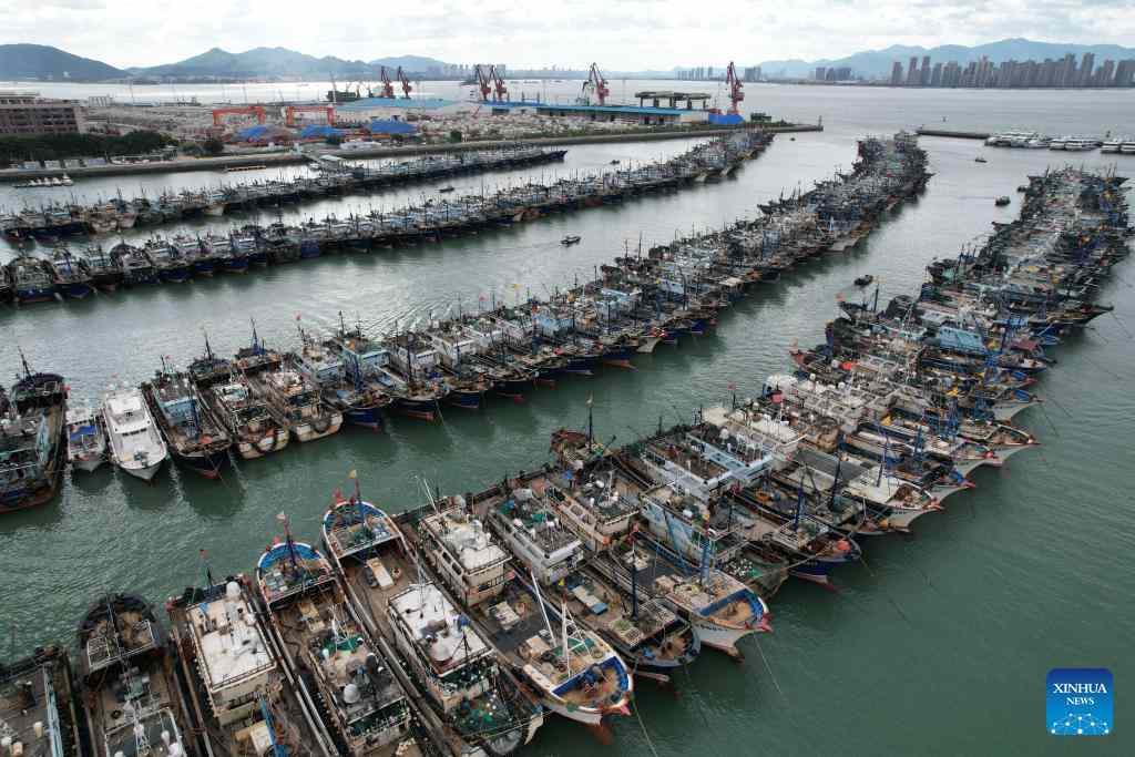 Tau thuyen tranh bao o cang ca Ha Mon, tinh Phuc Kien ngay 22.9. Anh: Xinhua