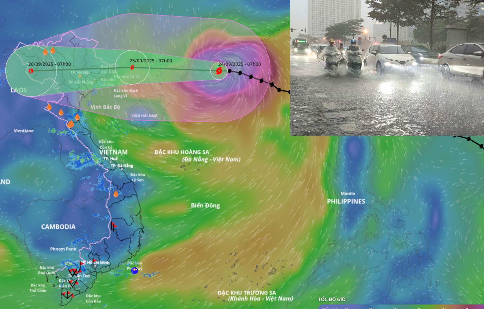 台風9号ラガサにより、今夜から北部地方で雨が降る予報。9月24日午前8時の台風情報源:ベトナム自然災害監視システム