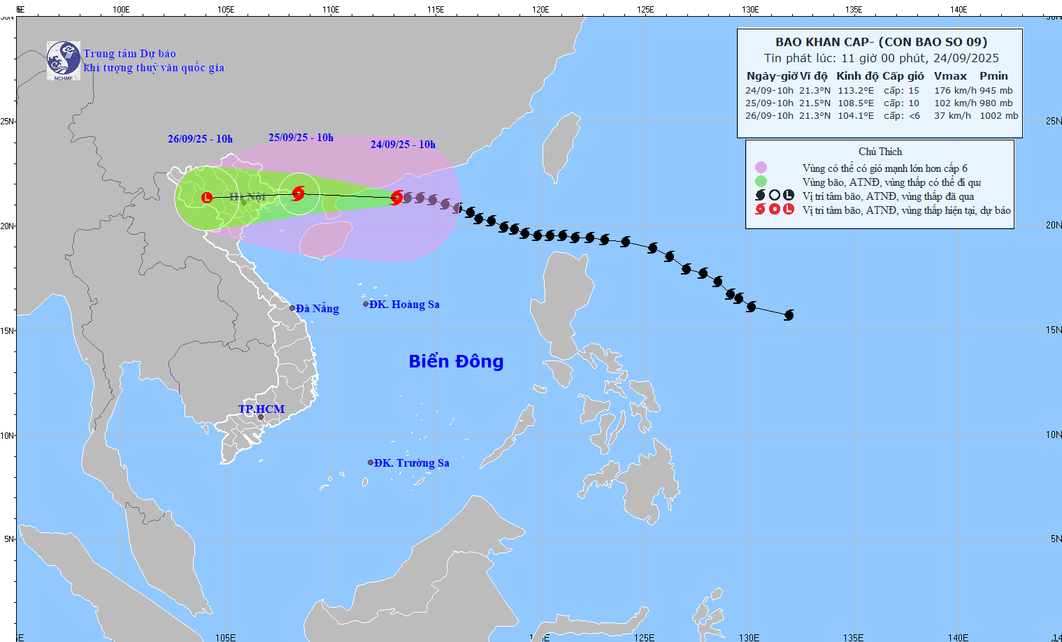 Updated location and path of storm No. 9 Ragasa at 11:00 on September 24. Source: National Center for Hydro-Meteorological Forecasting