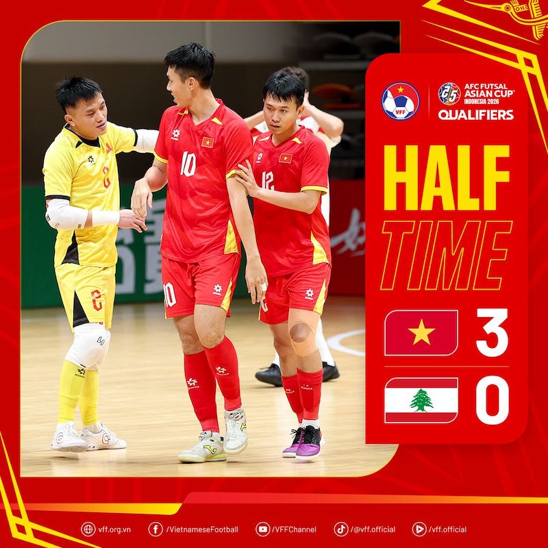 Tuyen futsal Viet Nam ghi duoc 3 ban thang trong hiep 1. Anh: VFF