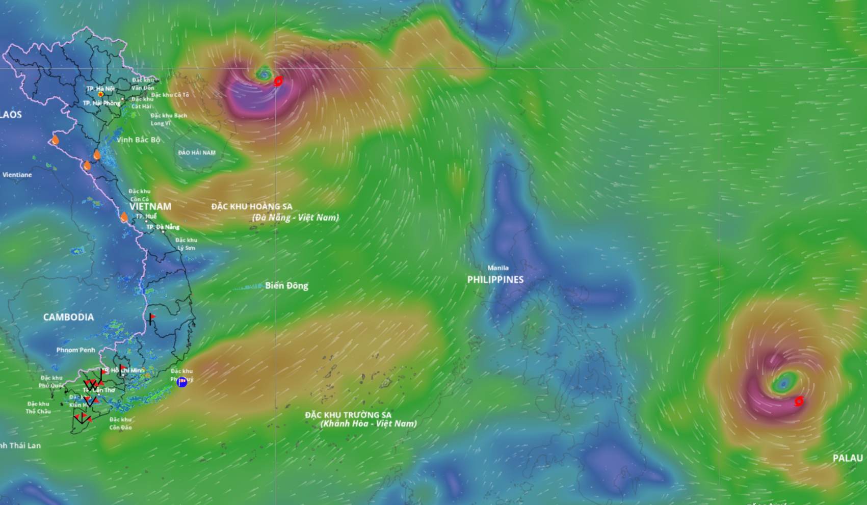 Storm No. 9 Ragasa has not dissipated, storm Bualoi is about to follow suit the East Sea to become storm No. 10. Source of the location of the two storms at 4:00 p.m. on September 24: Vietnam Disaster Monitoring System