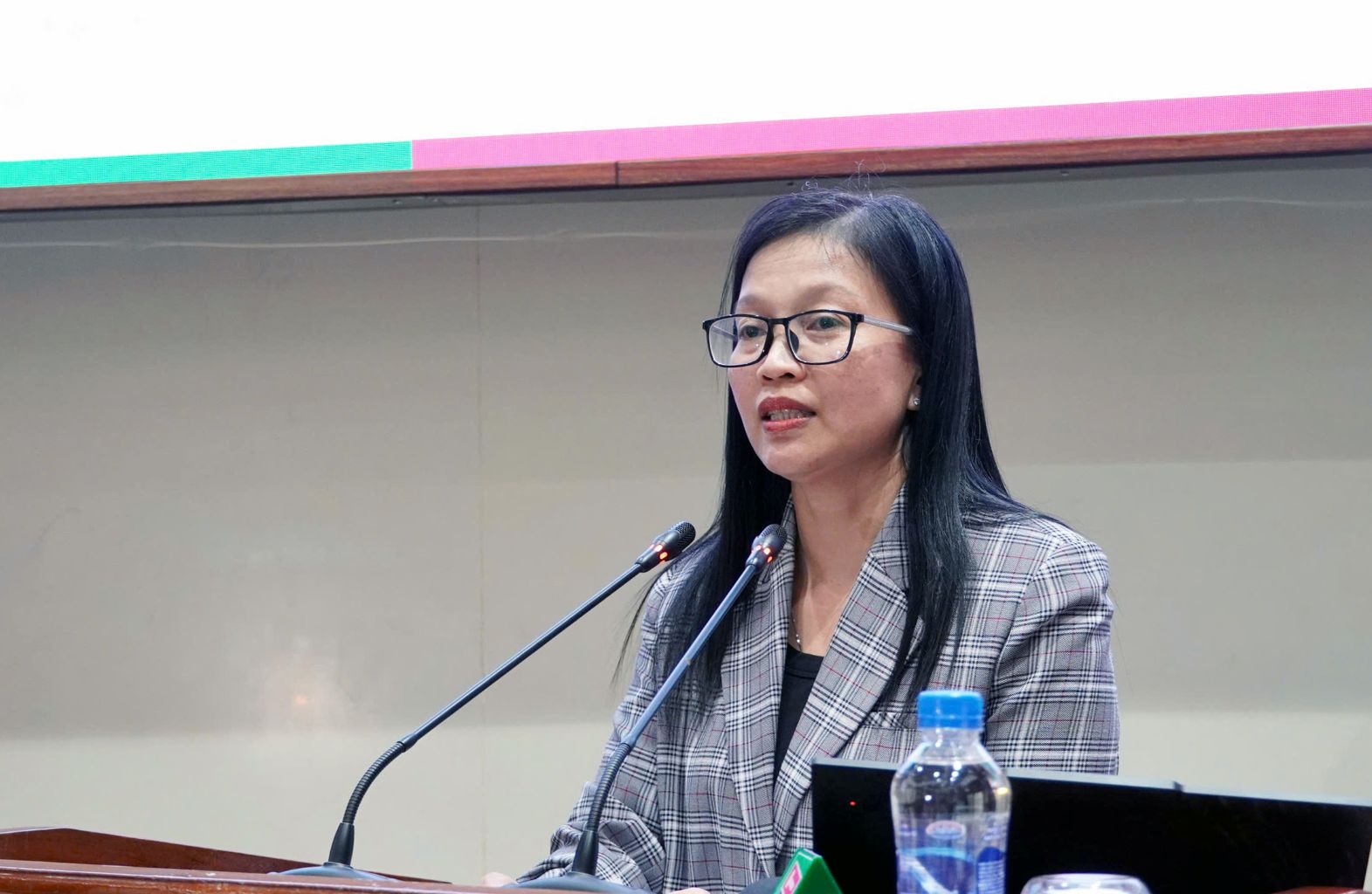 Ba Nguyen Thi Kim Tuyen - Uy vien Ban Thuong vu Tinh uy, Truong Ban Tuyen giao va Dan van Tinh uy Dong Thap- phat bieu tai hoi nghi. Anh: Viet Tien
