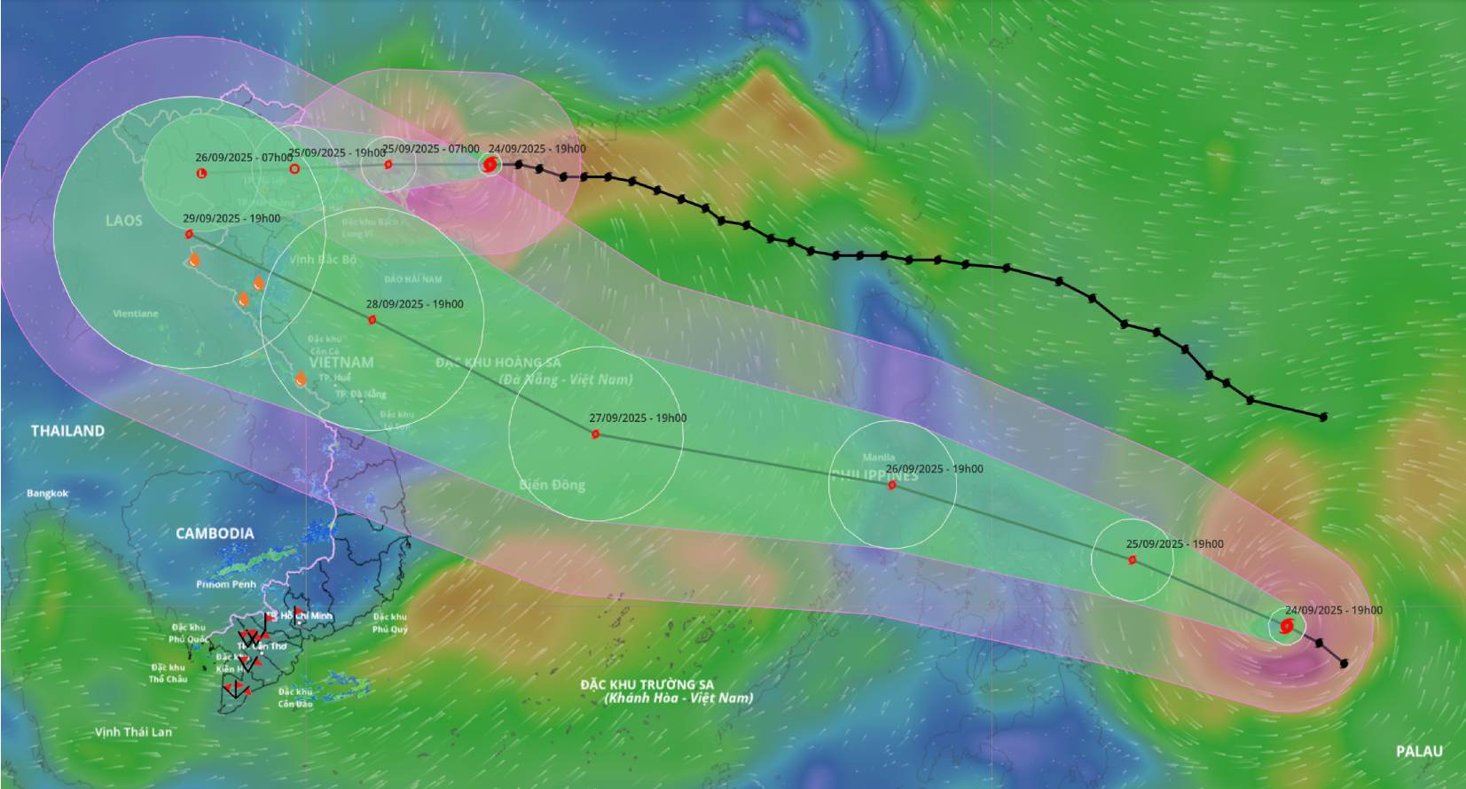 Storm No. 9 Ragasa has not made landfall, and it is forecasted that Bualoi may enter the East Sea from the night of September 26. Source: Location and path of storm Bualoi at 9:00 p.m. on September 24: Vietnam Disaster Monitoring System