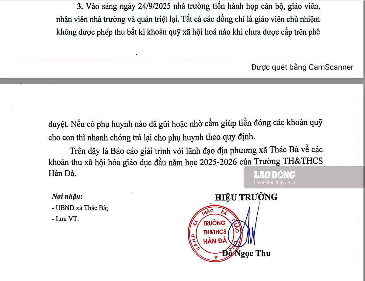 Bao cao giai trinh gui UBND xa Thac Ba cam ket giao vien se tra lai tien thu truoc cua phu huynh hoc sinh. Anh: Trong Loc