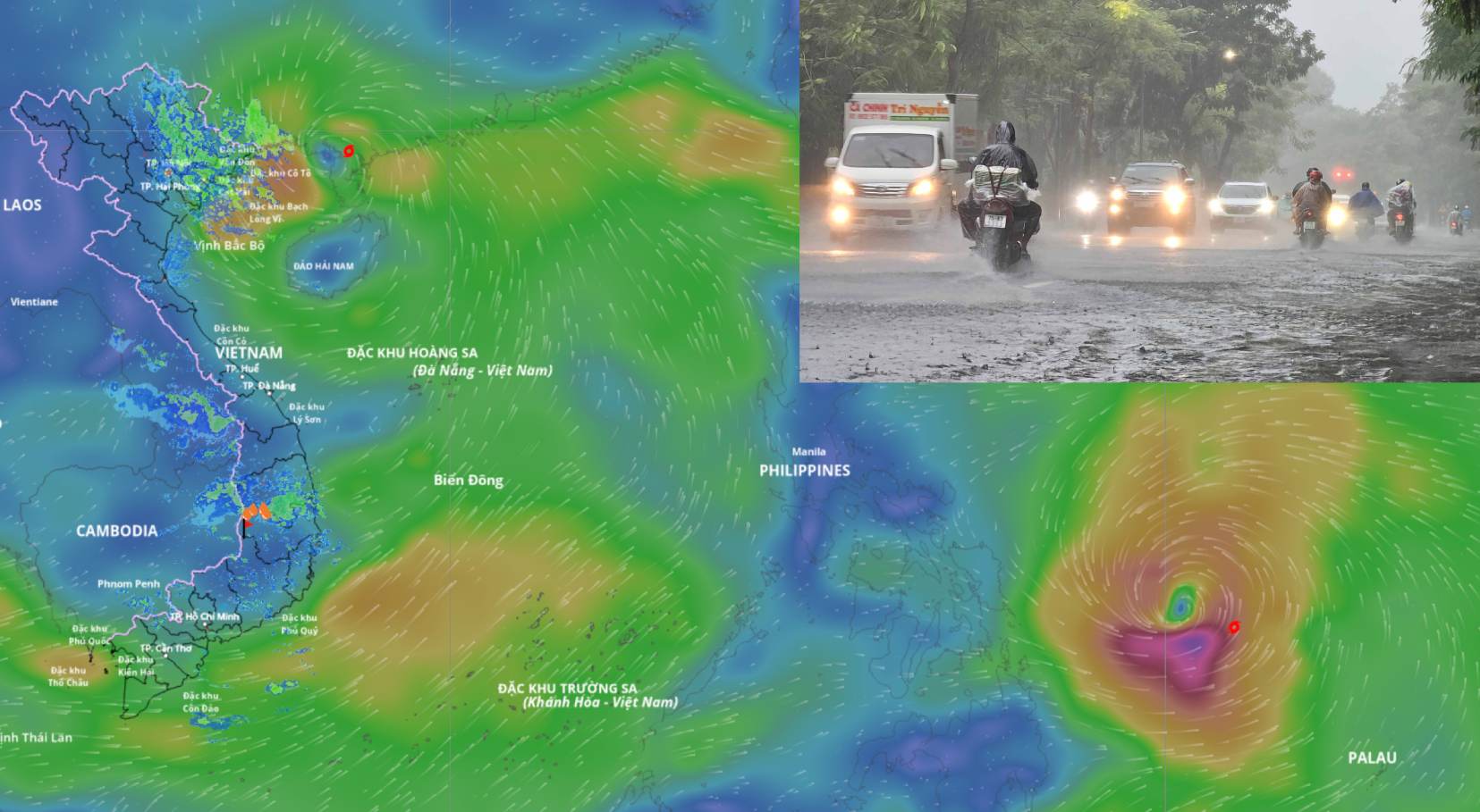 La tempete n° 9 Ragasa a commence a provoquer de fortes pluies dans le Nord. Source de l'emplacement de la tempete a 8 heures le 25 septembre : Systeme de surveillance des catastrophes naturelles du Vietnam