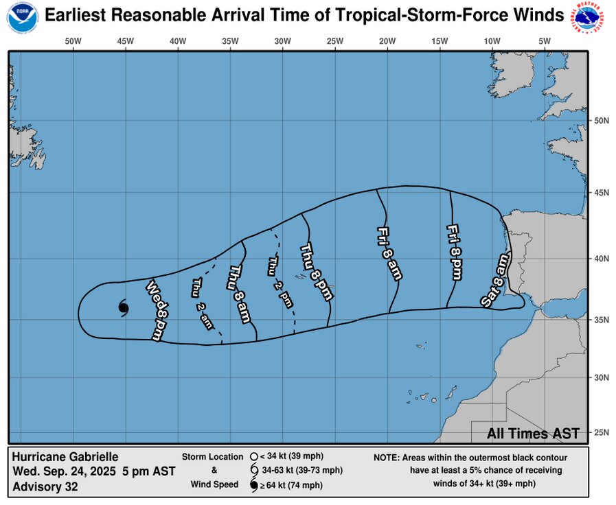 Ban do du bao duong di cua bao Gabrielle do Trung tam Bao Quoc gia My (NHC/NOAA) cong bo ngay 24.9.2025. Anh: NOAA