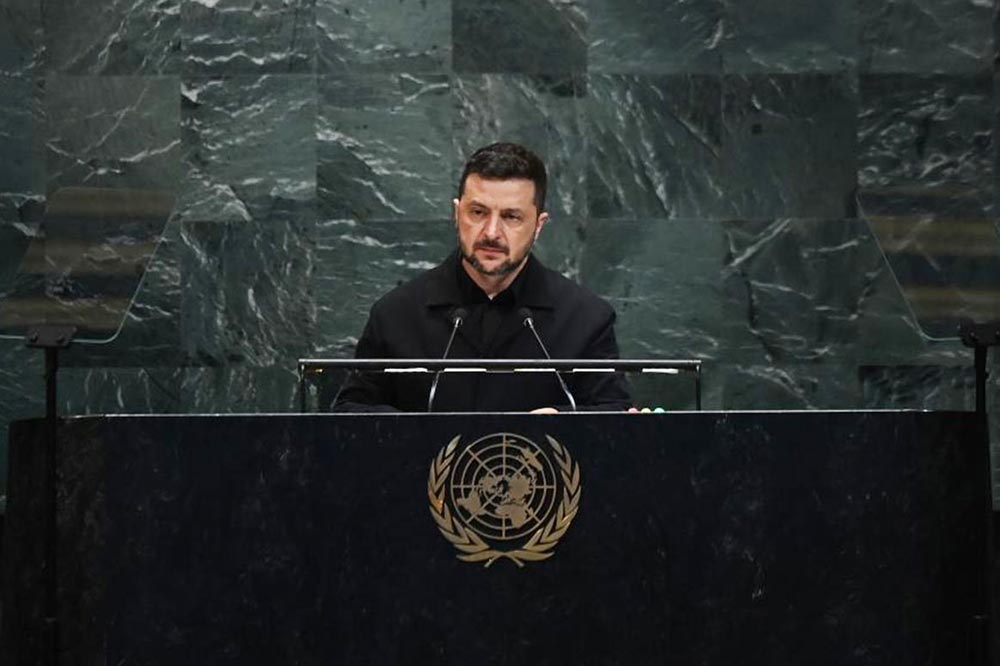 Ukrainian President Volodymyr Zelensky speaks at the United Nations General Assembly on September 24. Photo: Xinhua