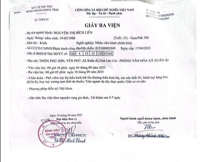 Bác sĩ chuẩn đoán chị Nguyễn Thị Bích Liên bị viêm tủy, viêm não, suy tủy xương tạm thời do thuốc.
Ảnh: Bảo Nguyên