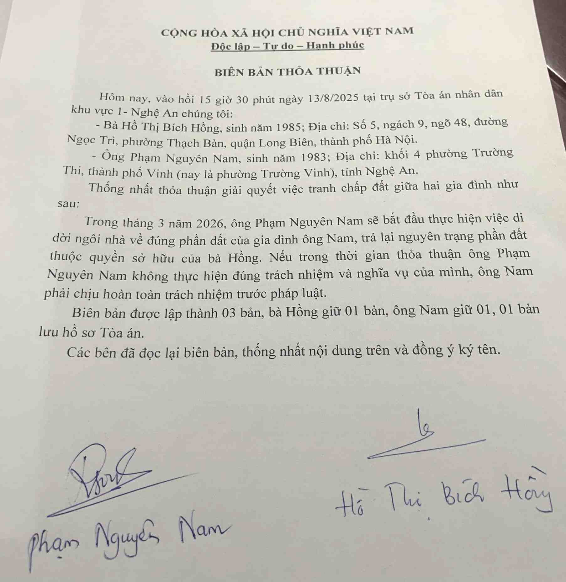 Cam kết giữa ông Phạm Nguyên Nam với bà Hồ Thị Bích Hồng. Ảnh: Quang Đại