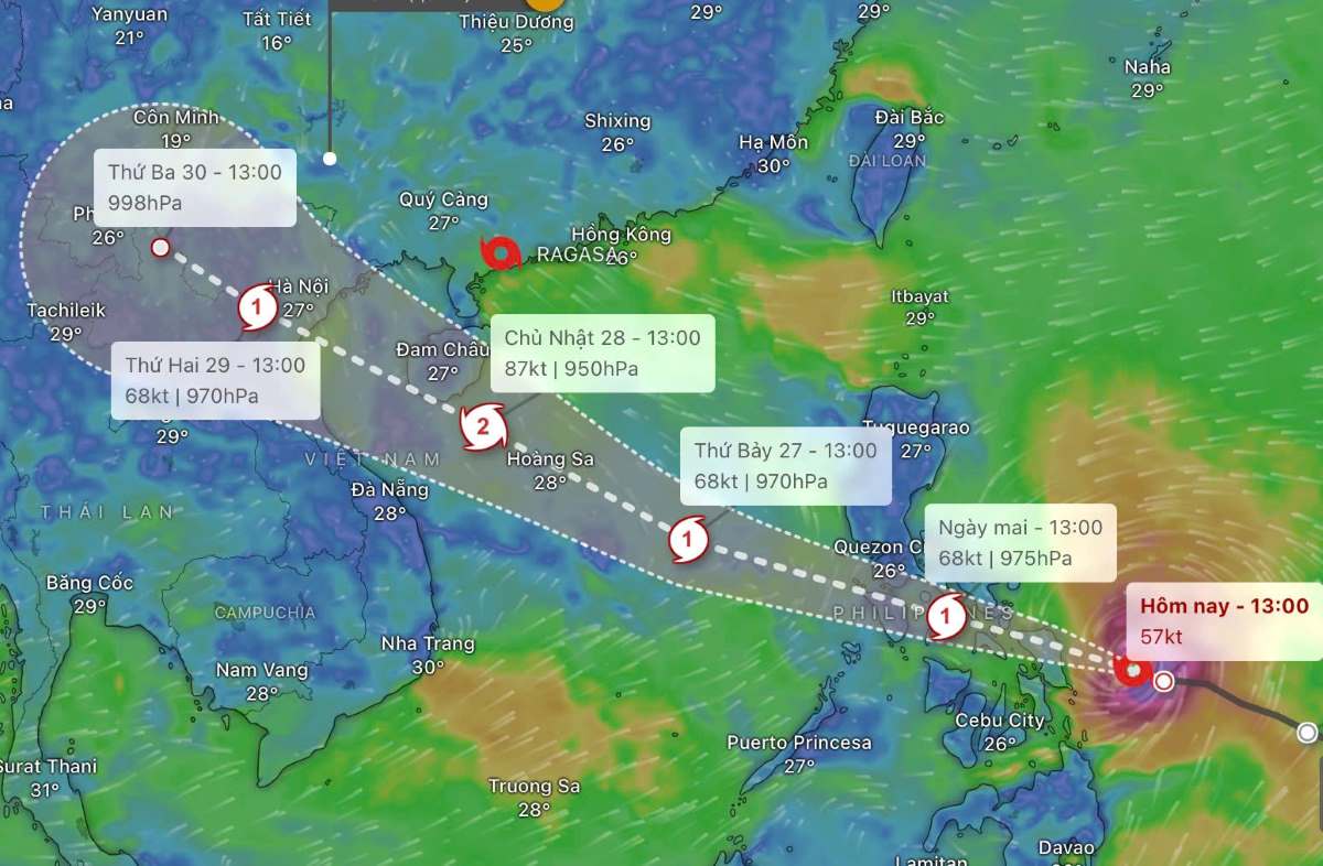 Forecast at 1:00 p.m. on September 25 about the path of potential storm No. 10. Photo: Windy
