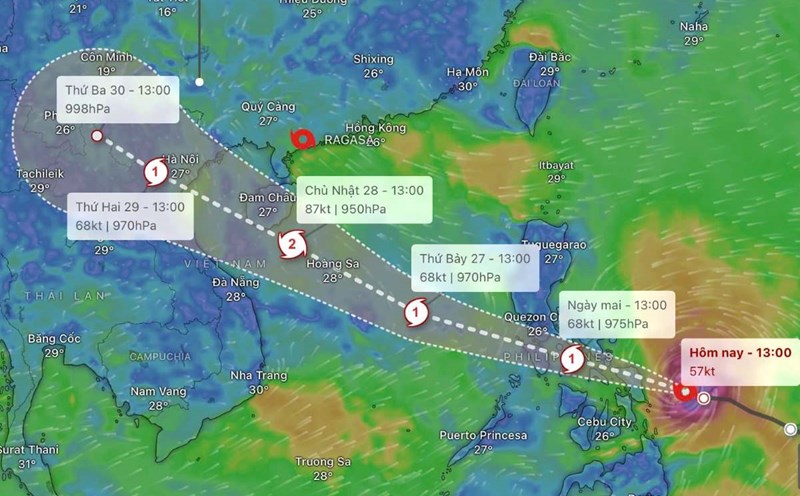 Forecast at 1:00 p.m. on September 25 about the path of potential storm No. 10. Photo: Windy