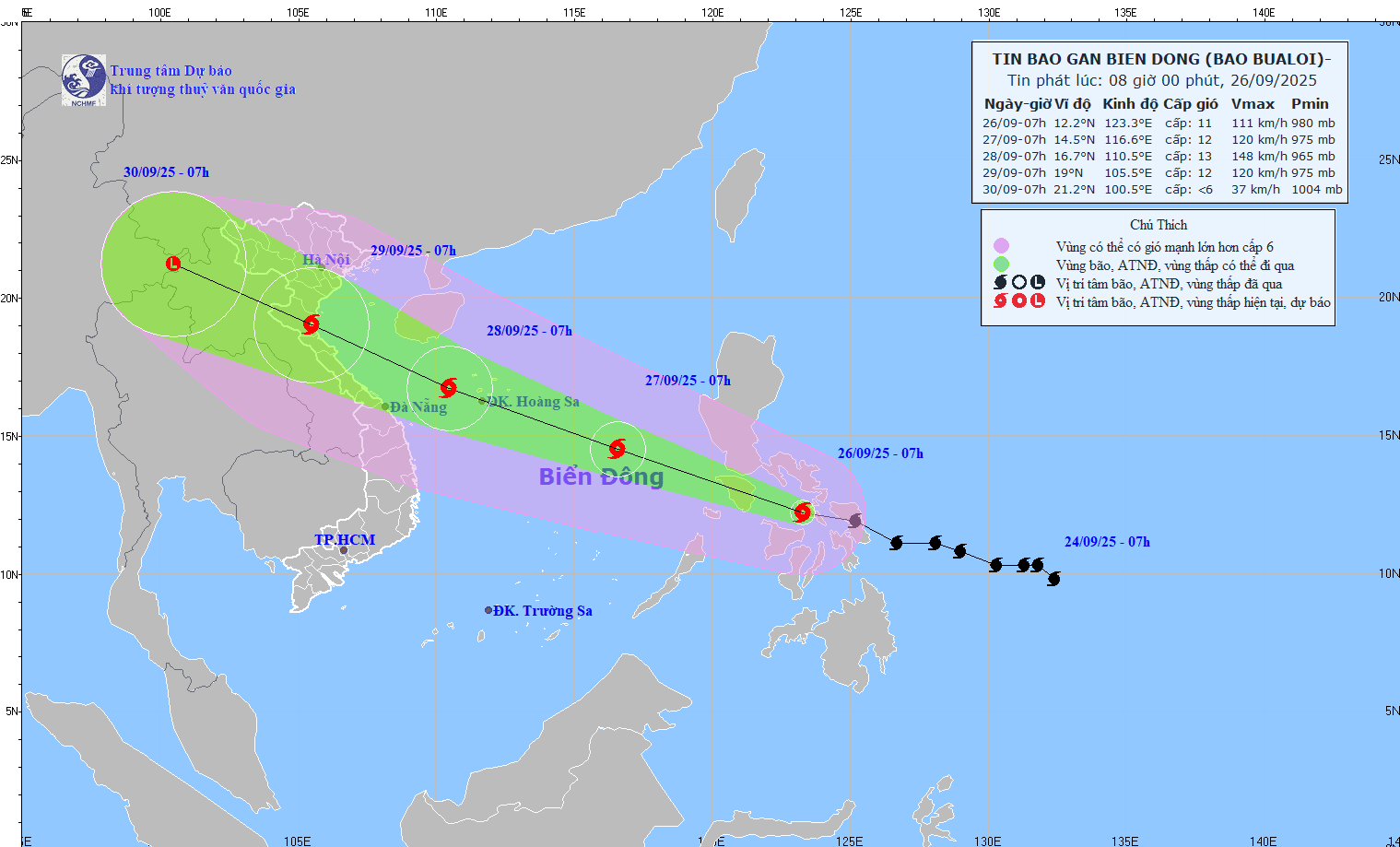 Updated location and path of storm Bualoi at 8:00 a.m. on September 26. Source: National Center for Hydro-Meteorological Forecasting