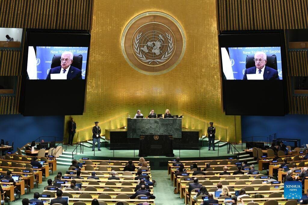 Tong thong Palestine Mahmoud Abbas phat bieu truc tuyen tai Phien thao luan chung cua khoa hop thu 80 Dai hoi dong Lien Hop Quoc o New York, My, ngay 25.9.2025. Anh: Xinhua