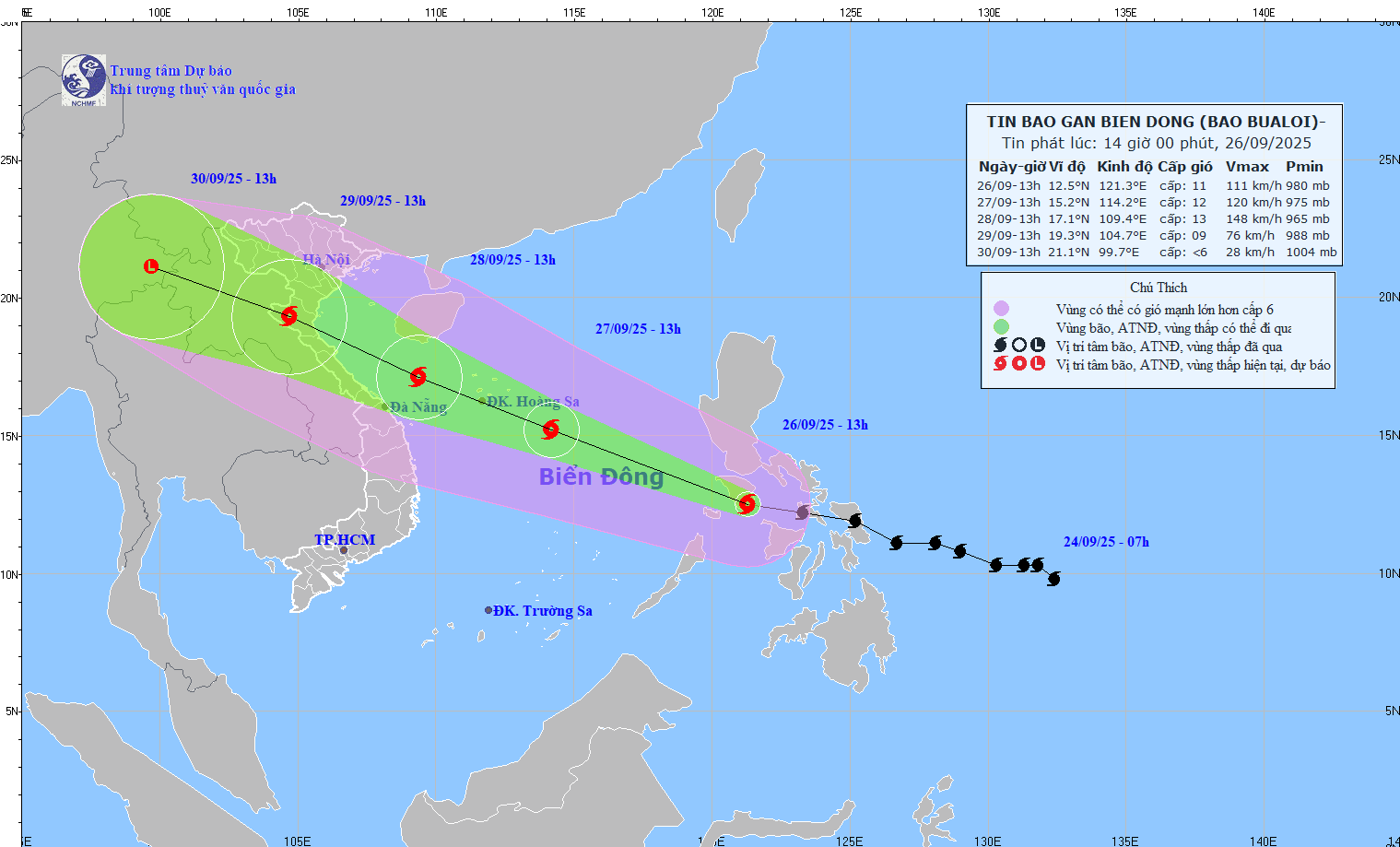 Updated location and path of storm Bualoi at 2:00 p.m. on September 26. Source: National Center for Hydro-Meteorological Forecasting