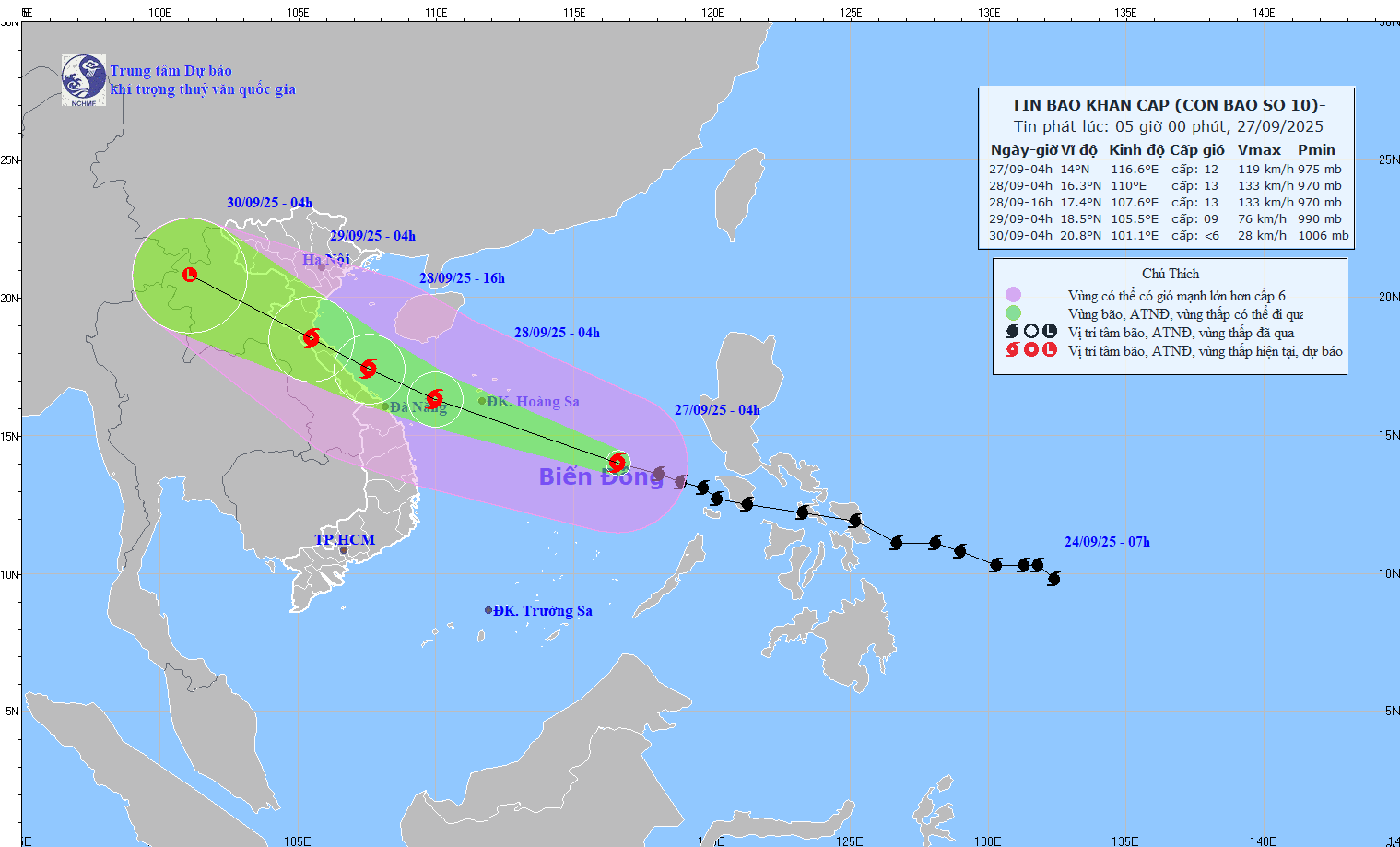 9월 27일 오전 5시 기준 10호 폭풍 Bualoi의 업데이트된 위치 및 경로. 출처: National Center for Hydro-Meteorological Forecasting