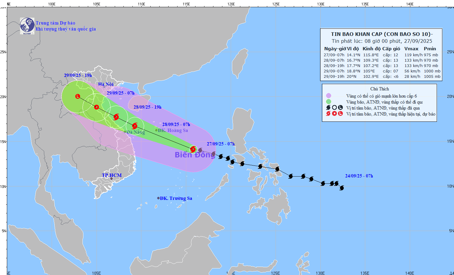 Cap nhat vi tri va duong di cua bao so 10 Bualoi vao 8 gio ngay 27.9. Nguon: Trung tam Du bao Khi tuong Thuy van Quoc gia