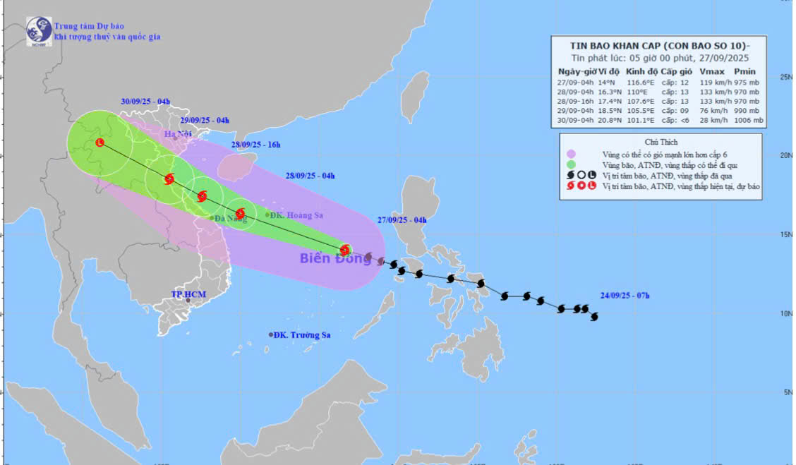 Map of the forecast track and intensity of storm No. 10 at 5:00 a.m. on September 27. Photo: National Center for Hydro-Meteorological Forecasting
