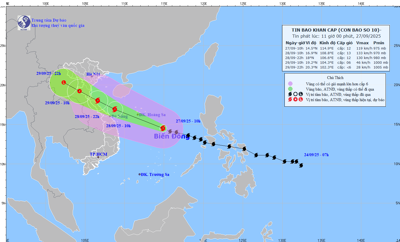 Updated location and path of storm No. 10 Bualoi at 11:00 on September 27. Source: National Center for Hydro-Meteorological Forecasting