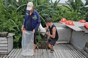 Hue residents use water bags to put up the roofs to prevent storm No. 10. Photo: Nguyen Luan
